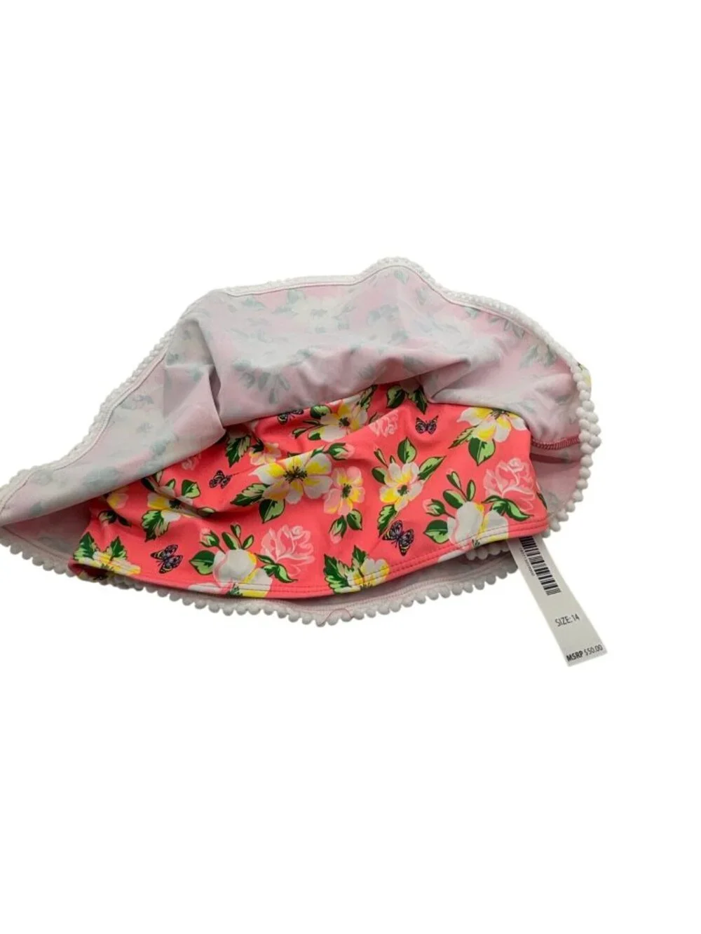 Nicole Miller Girls Floral Ruffle Bikini Top Swimwear With Pom Pom Trim Size 14
